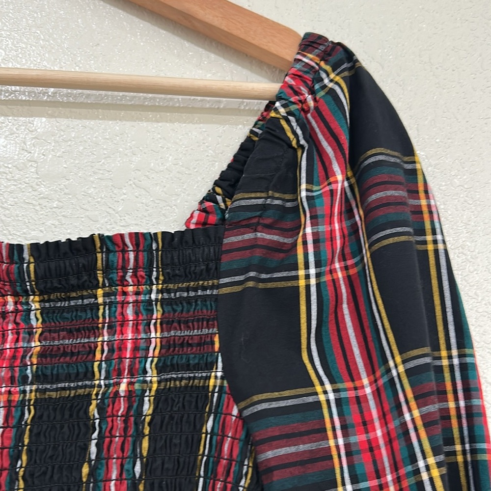 JCREW WOMENS PLAID SMOCKED COTTON POPLIN MIDI DRESS RED BLACK SZ MEDIUM - Picture 7 of 13